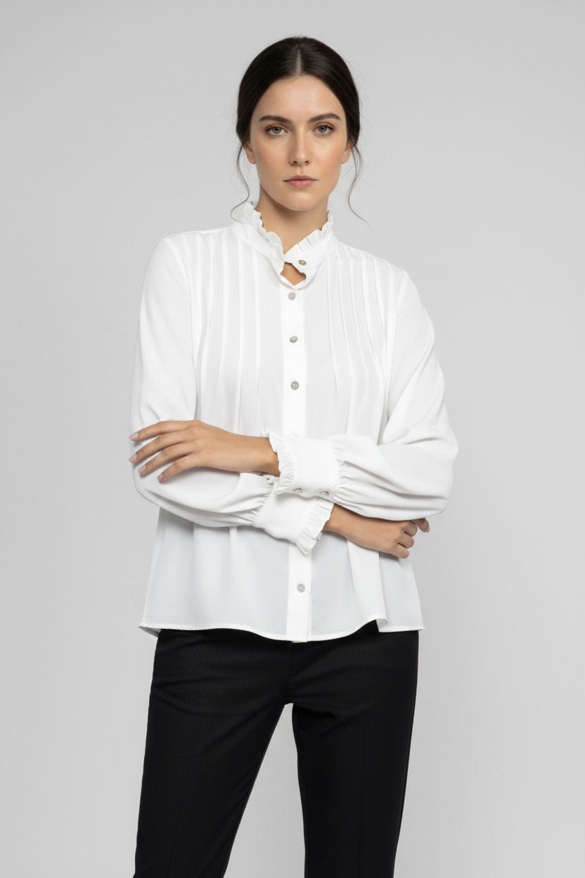 Front Pleated Ruffle Neck Shirt