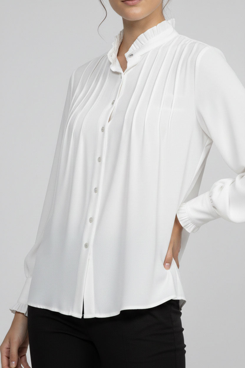 Front Pleated Ruffle Neck Shirt