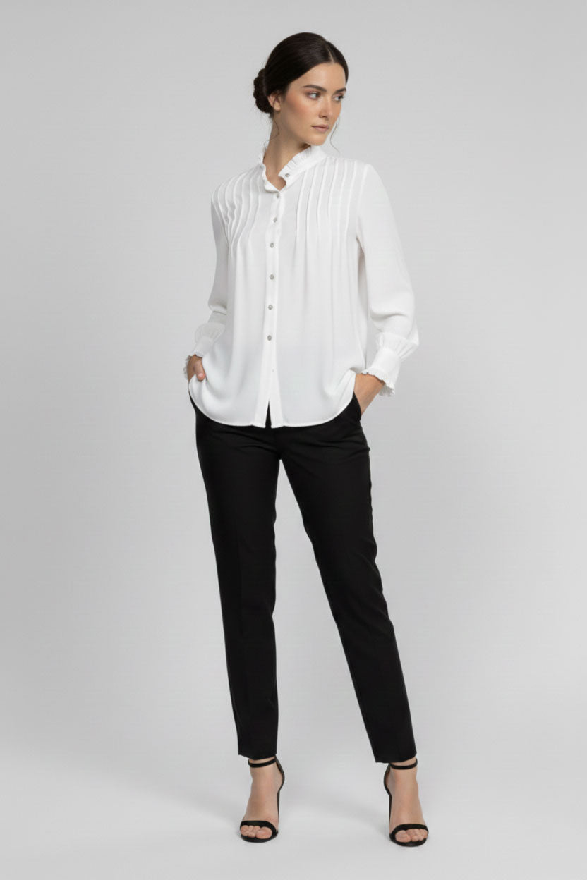 Front Pleated Ruffle Neck Shirt